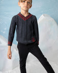 Noma Charcoal Textured Knit Sweater With Neck Stripe
