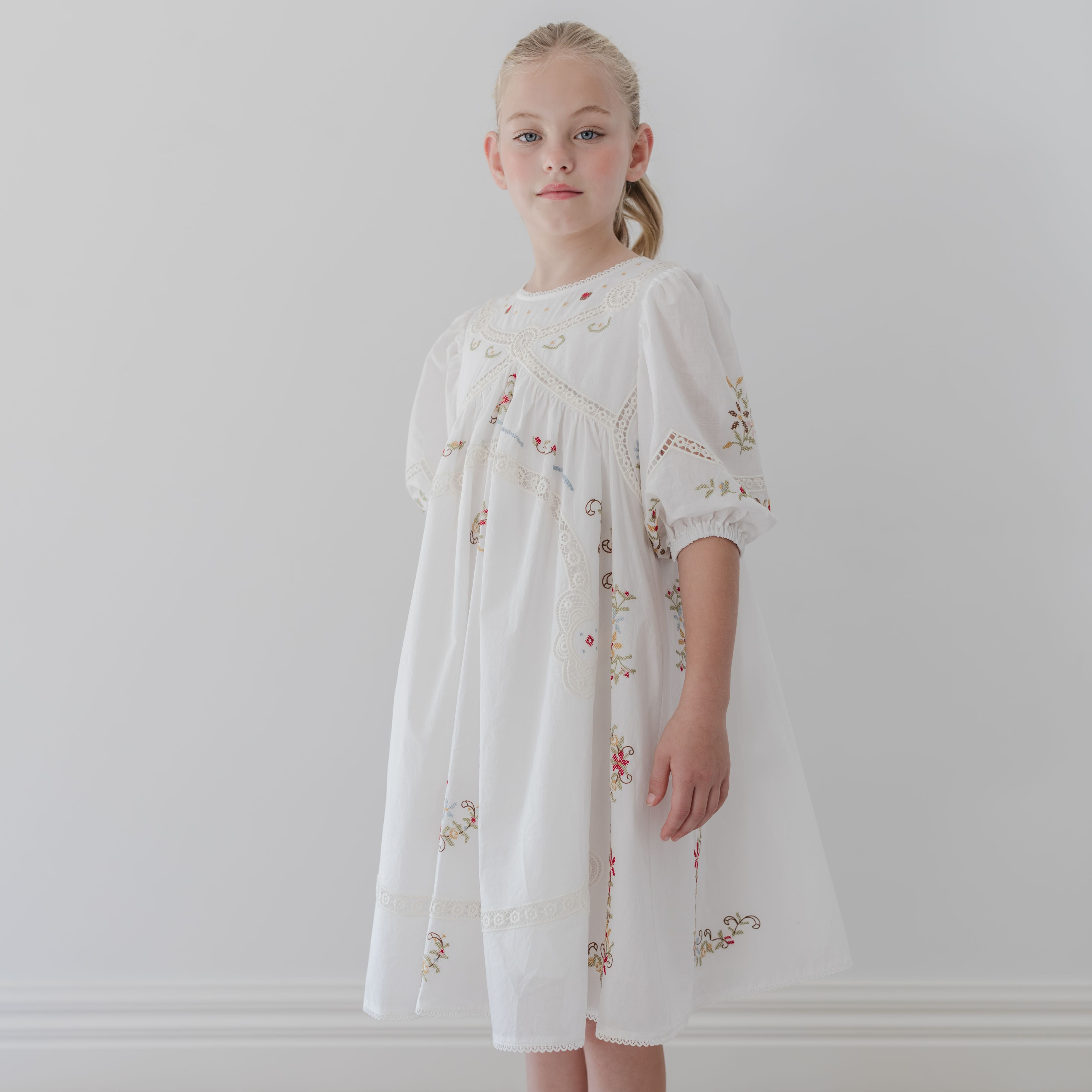 dress white petite Petite Amalie White Cross Stitch Elbow Sleeve Dress 1380 / 7y