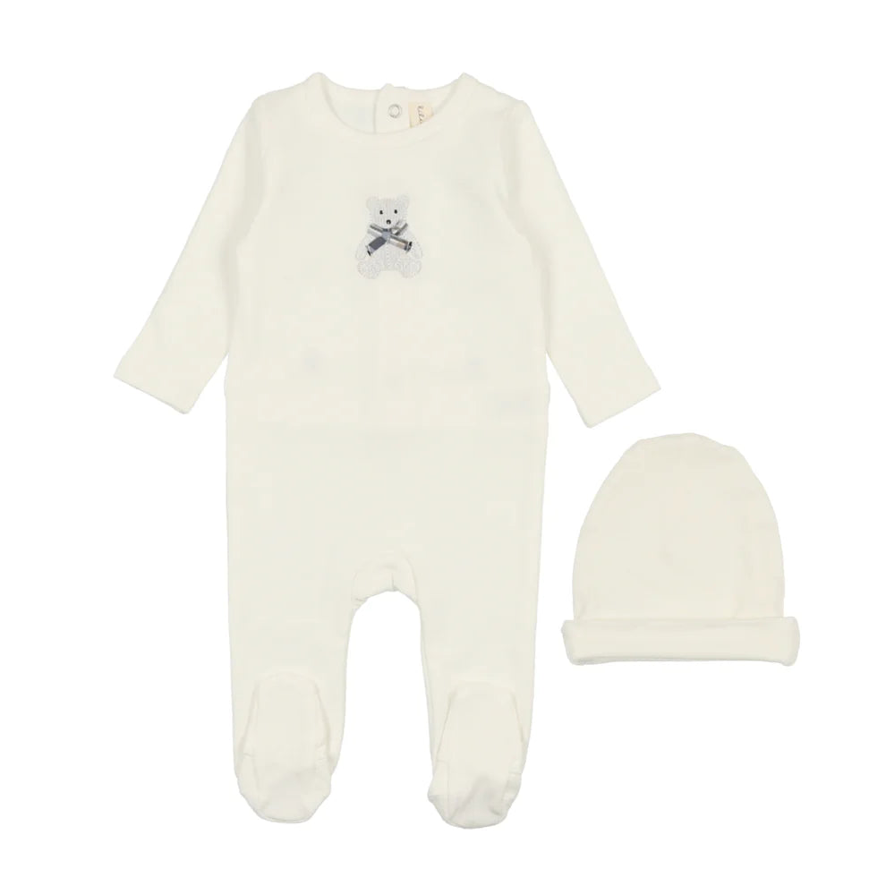Lilette White Bear Embroidered Footie Set