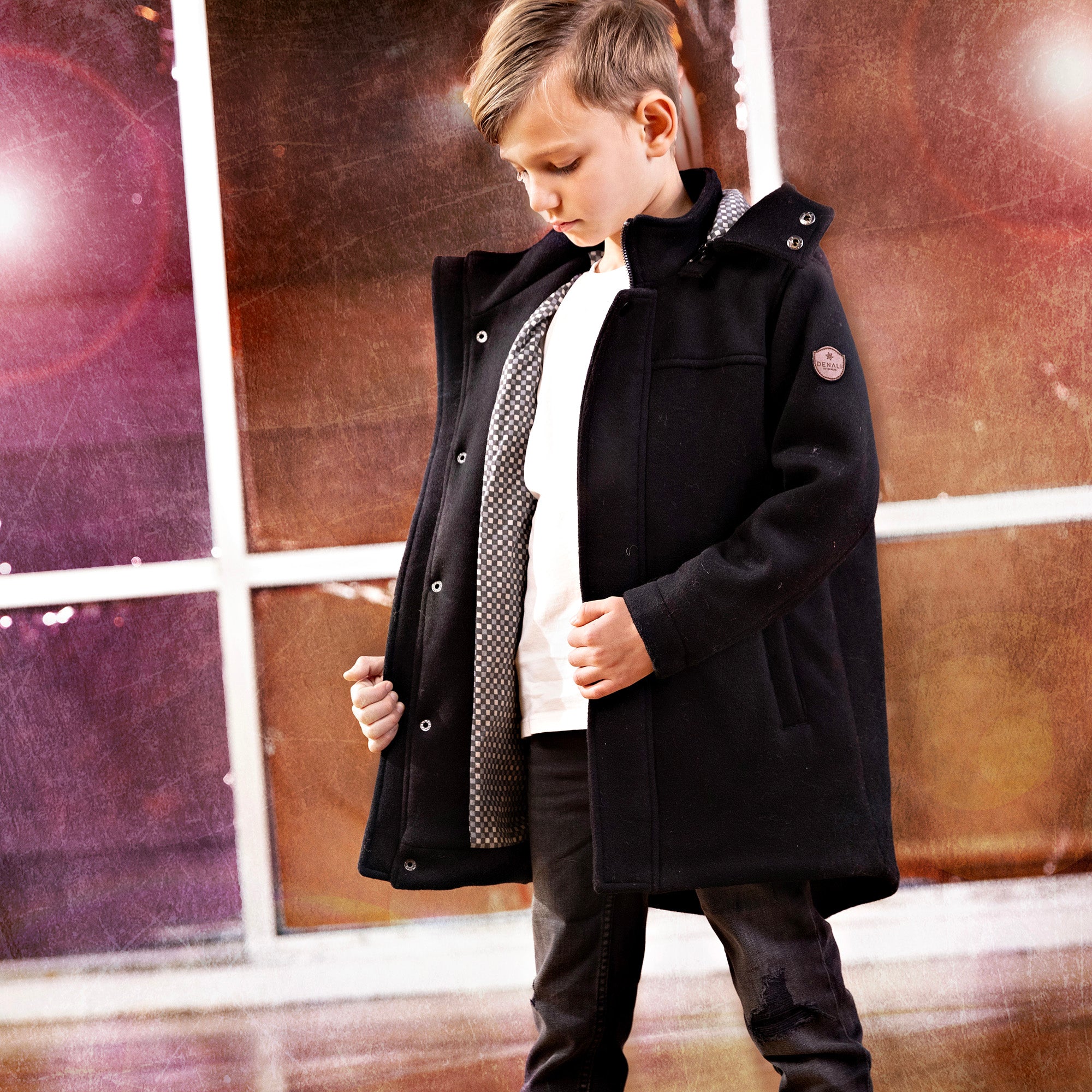 Denali Classic Black Multi Check Hooded Wool Coat