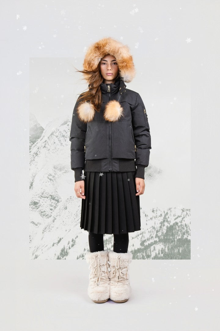 Ellabee Black Gold Fox Layla Canvas Pompom Bomber