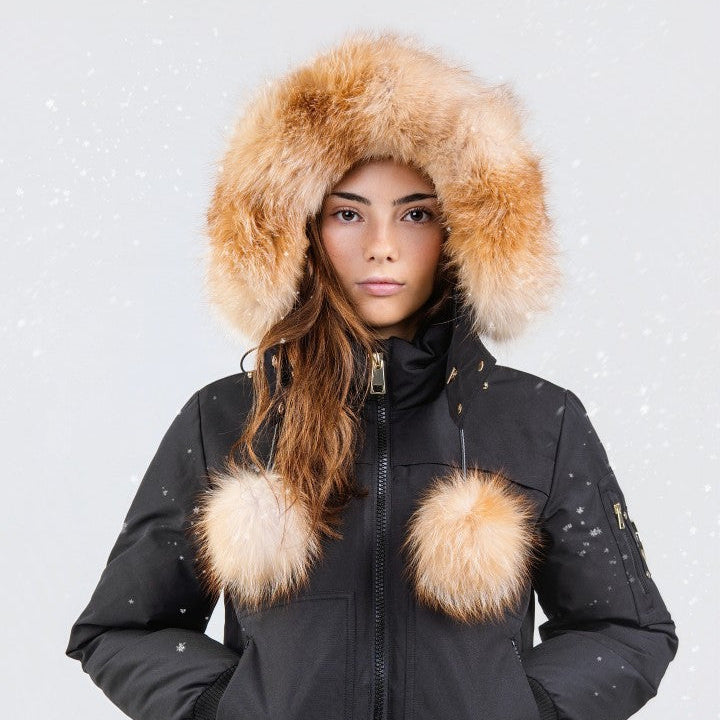 Ellabee Black Gold Fox Layla Canvas Pompom Bomber