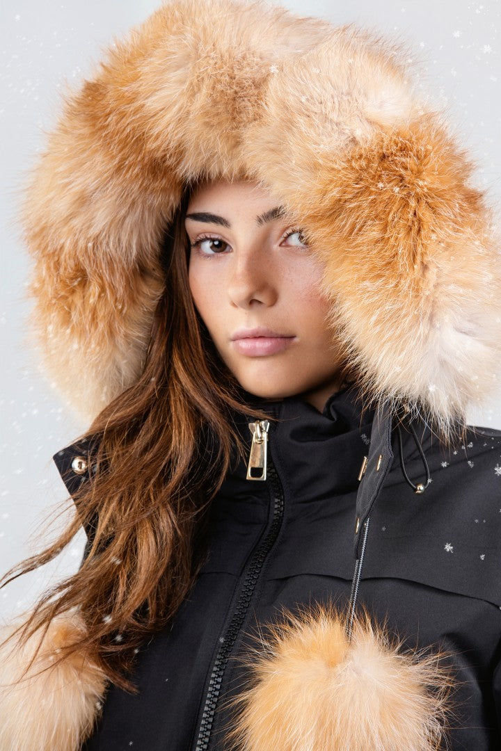 Ellabee Black Gold Fox Layla Canvas Pompom Bomber