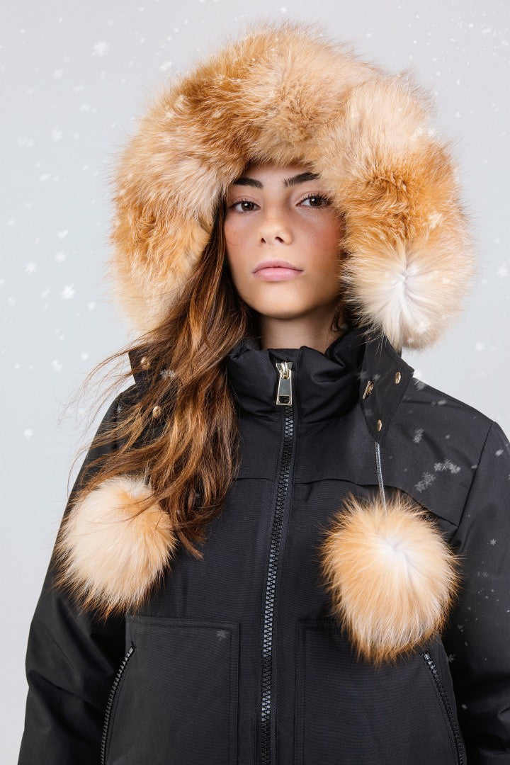 Ellabee Black Gold Fox Layla Canvas Pompom Bomber