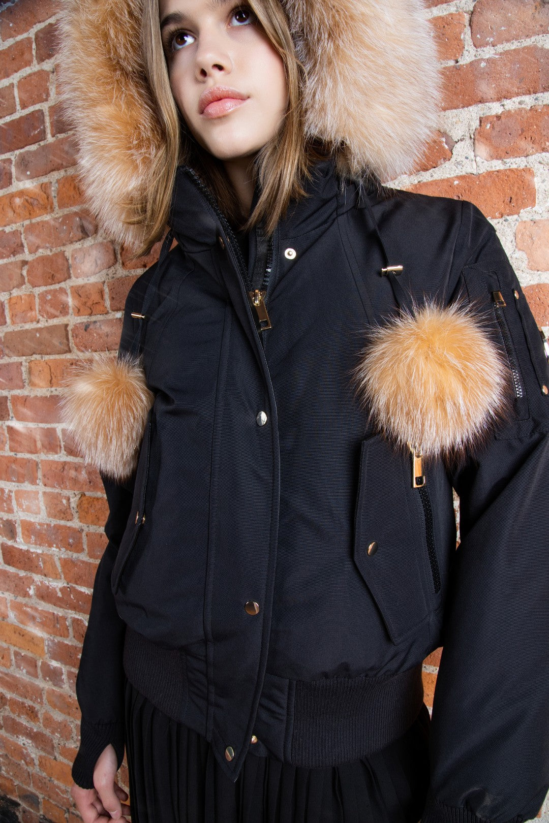Ellabee Girls Canvas Pompom Bomber Gold Fux Fur