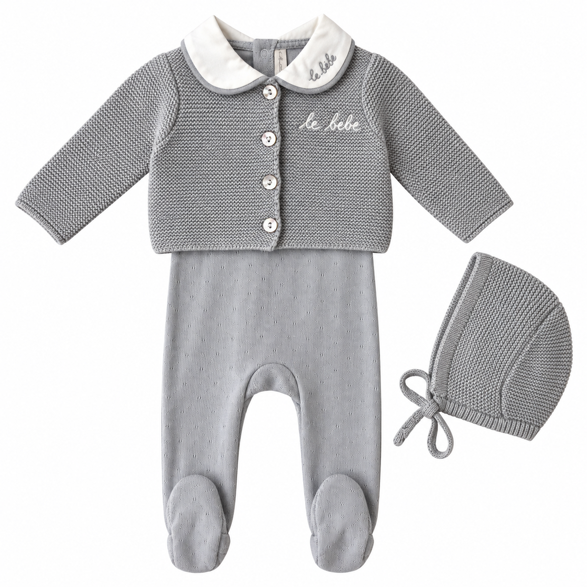 Lilette Dusty Blue Footie With Cardigan And Hat