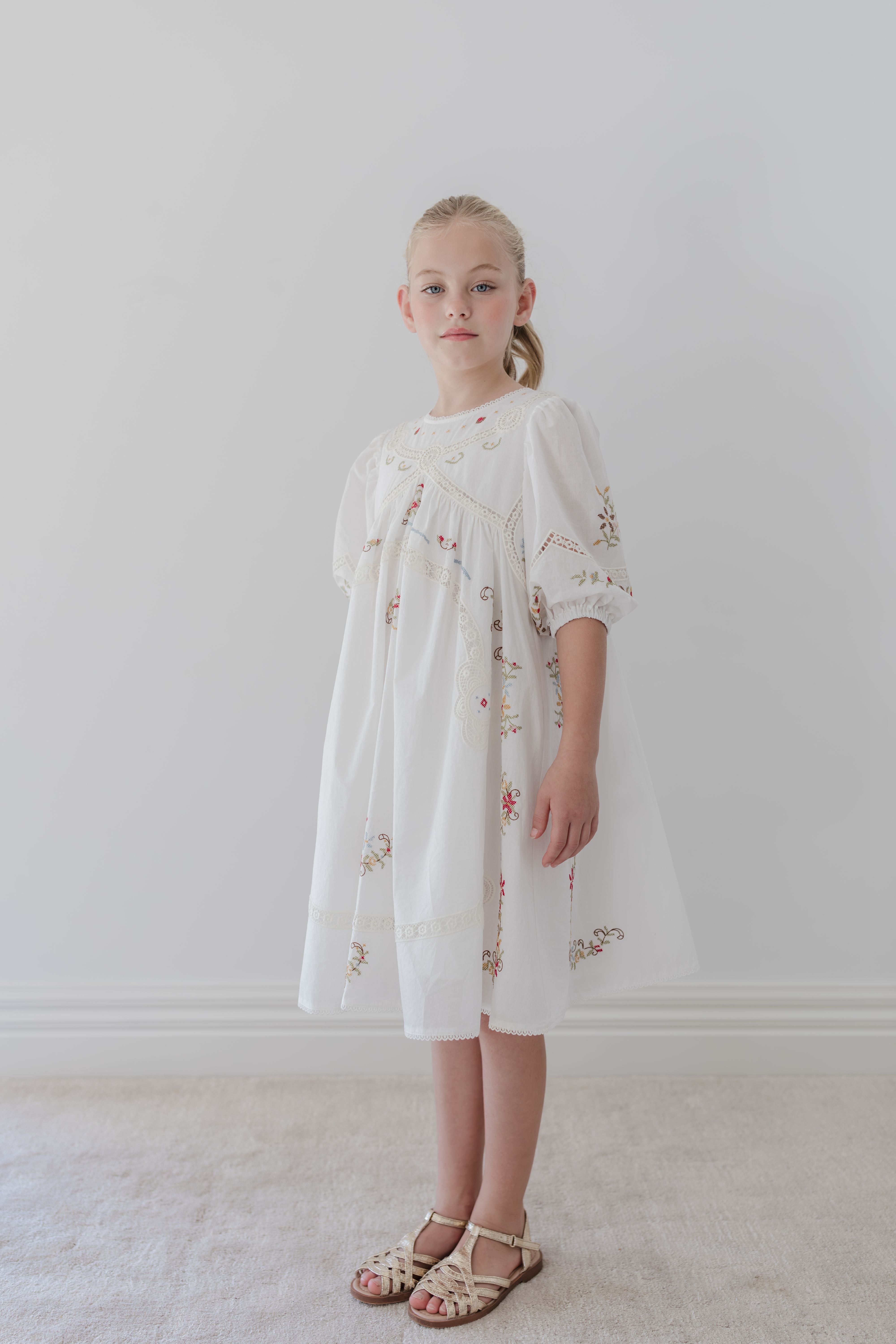 Petite Amalie White Cross Stitch Elbow Sleeve Dress 1380 / 7y