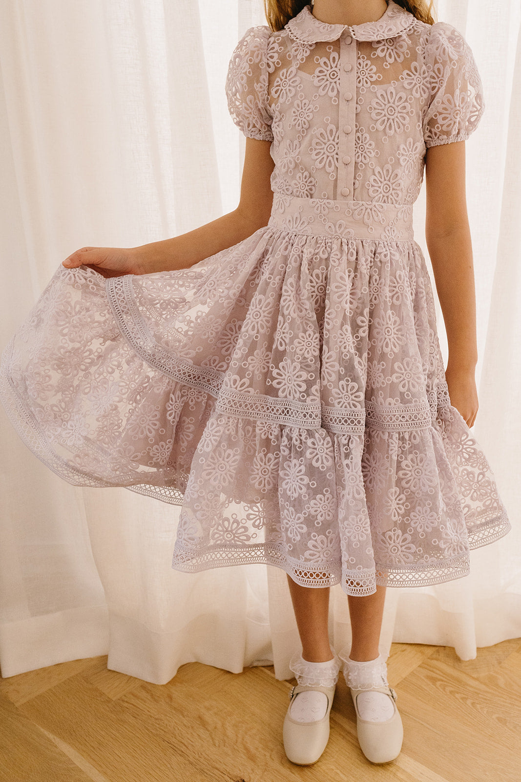 Petite Amalie Lilac Embroidered Organza Ruffle Hem Skirt Set