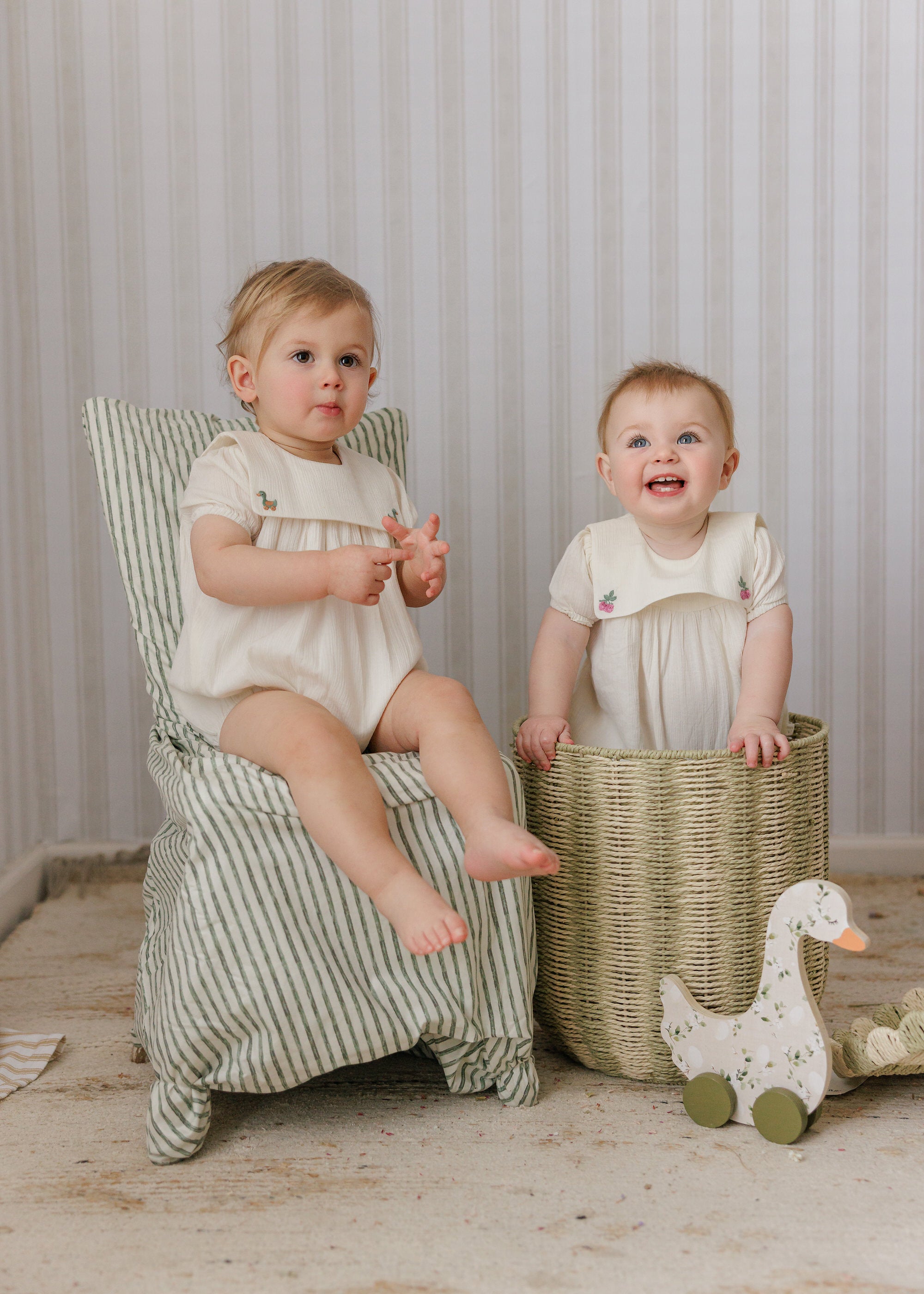 Mini P Embroidered Romper With Green Cardigan