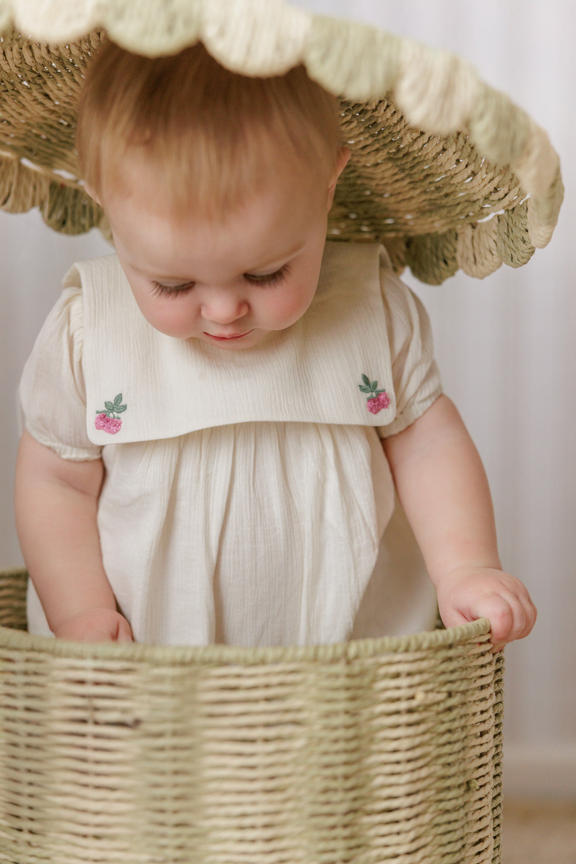 Mini P Embroidered Romper With Pink Cardigan