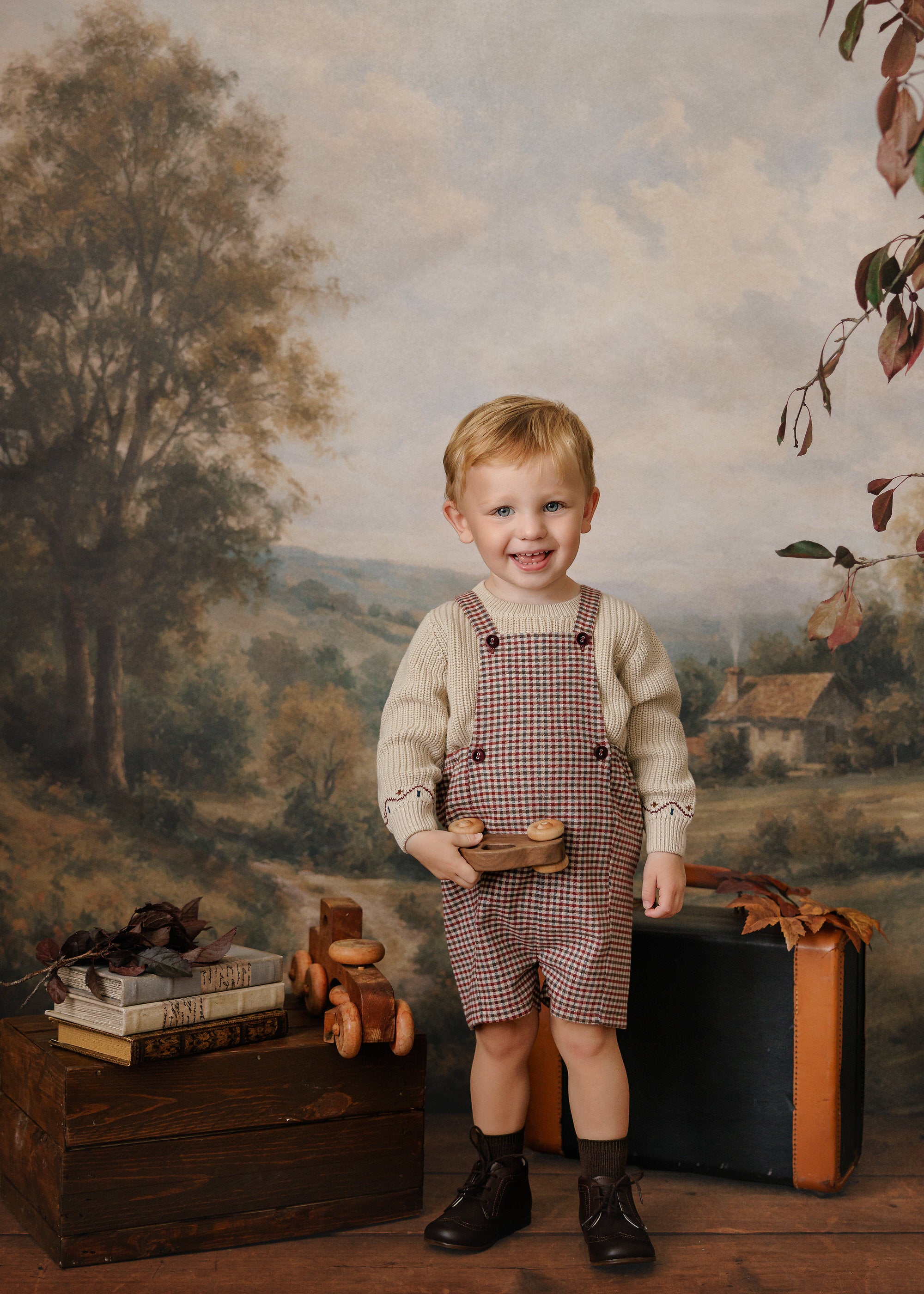 Mini P Burgundy Plaid Overall Set