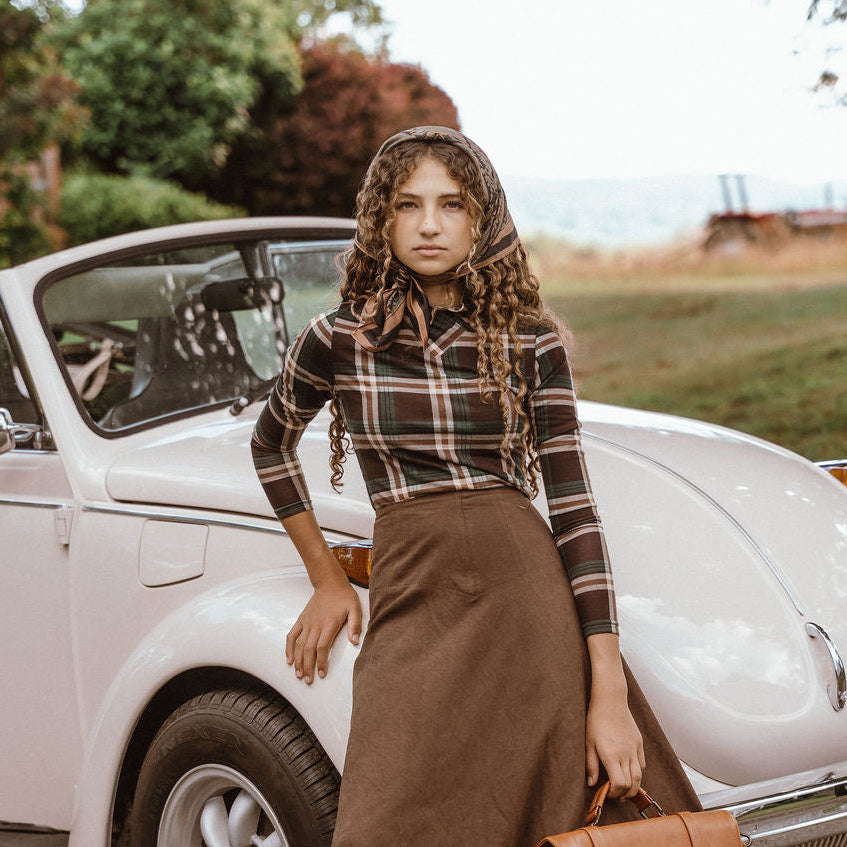 Degree Brown Plaid Crossover Mock Neck