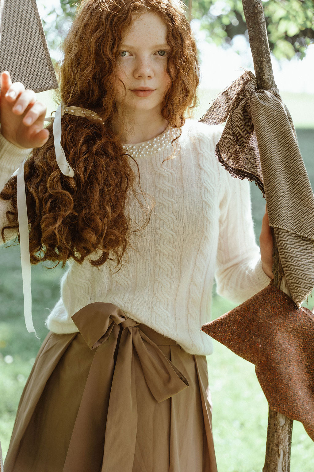 Gem Cream Pearl Neckline Cable Knit Sweater