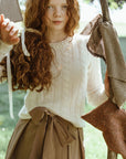 Gem Cream Pearl Neckline Cable Knit Sweater