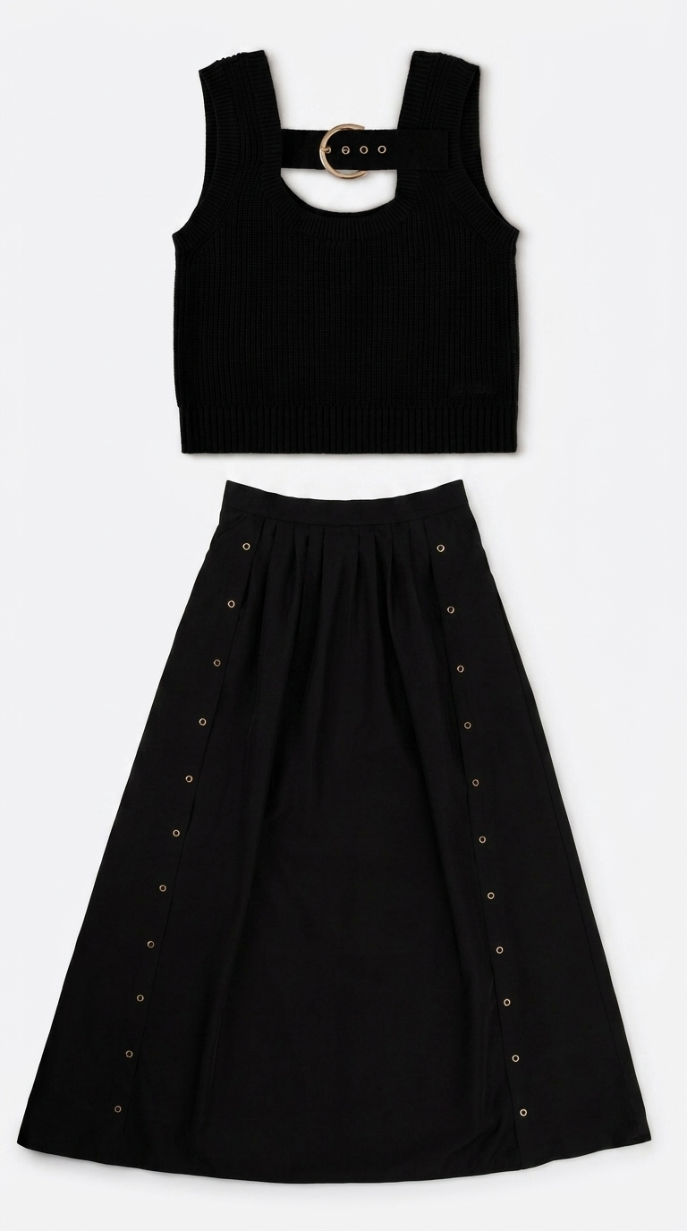 La Nina Teen Black Buckle Vest &amp; Midi Skirt