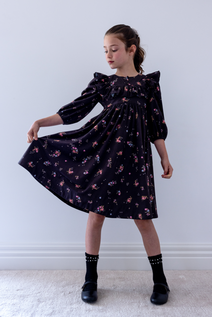 Petite Amalie Black Ditsy Ruffle Yoke Cord Dress
