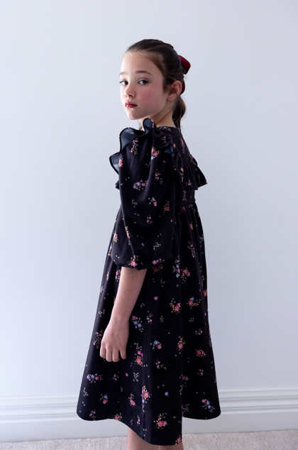 Petite Amalie Black Ditsy Ruffle Yoke Cord Dress