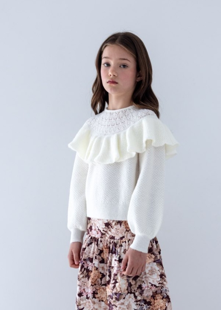 Petite Amalie Cream Pointelle Ruffle Sweater