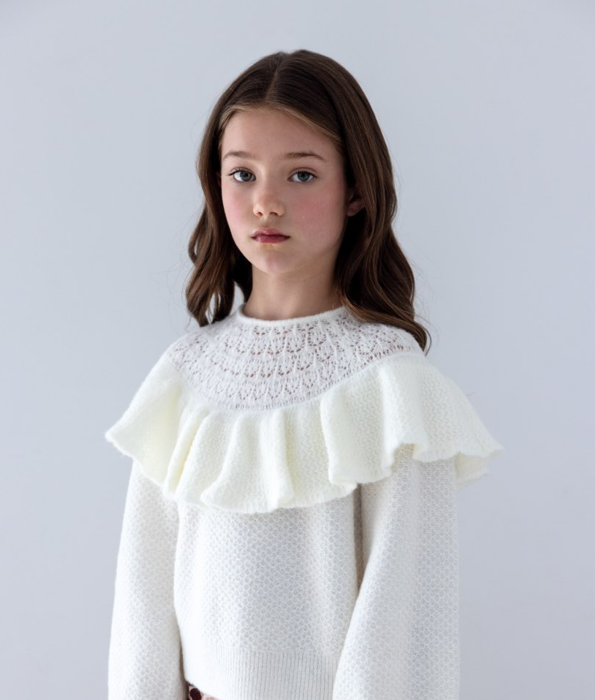 Petite Amalie Cream Pointelle Ruffle Sweater