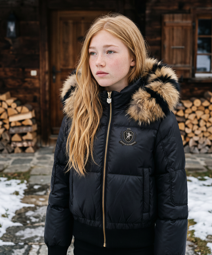 Scotch Bonnet Striped Fur Hood Bomber Puffer
