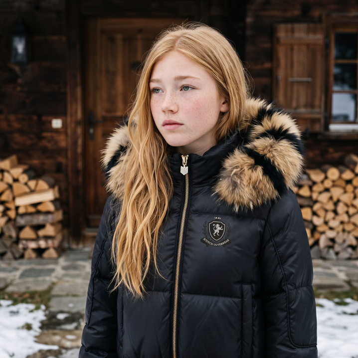Scotch Bonnet Striped Fur Hood Bomber Puffer