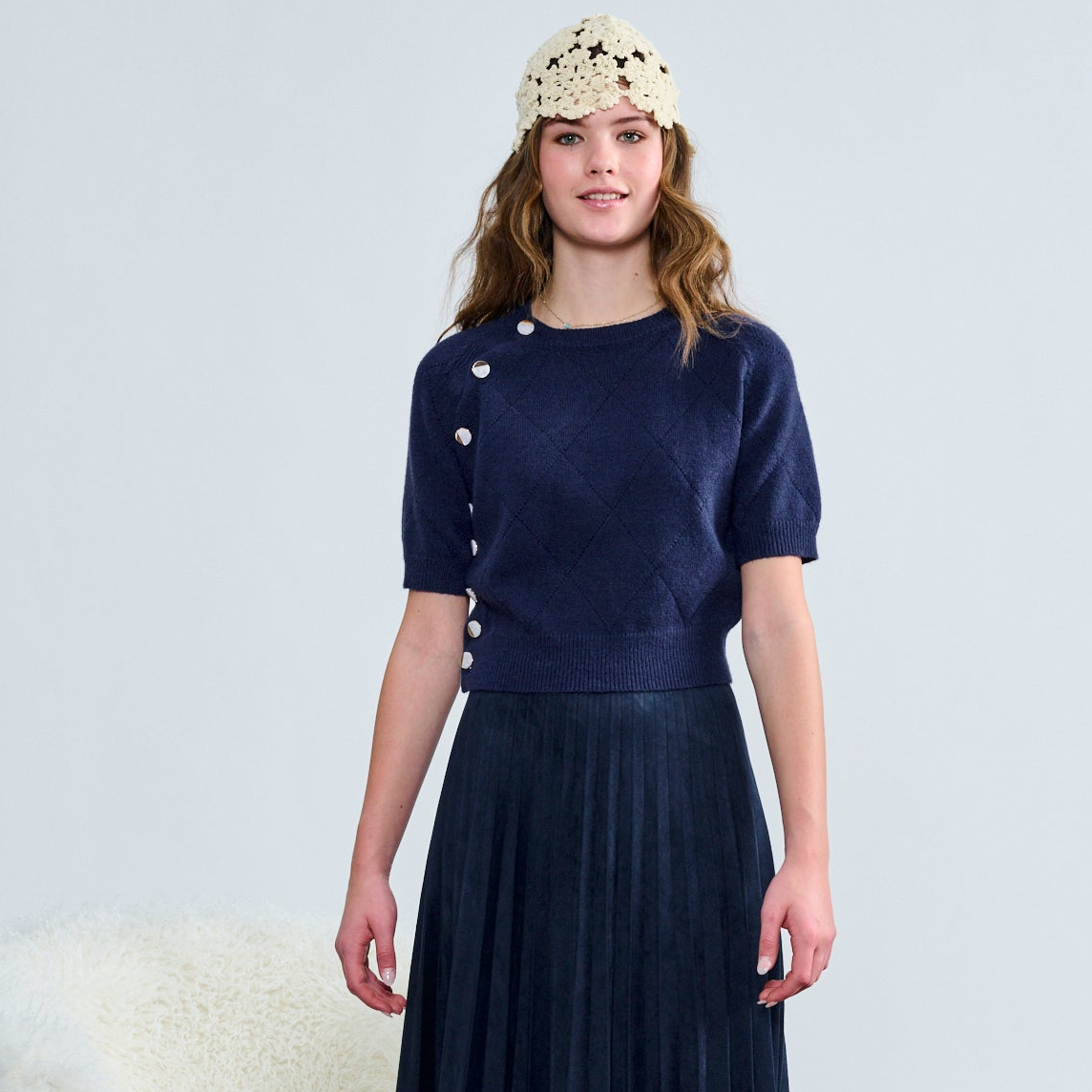 Laurent Navy Knit Button Detail Top
