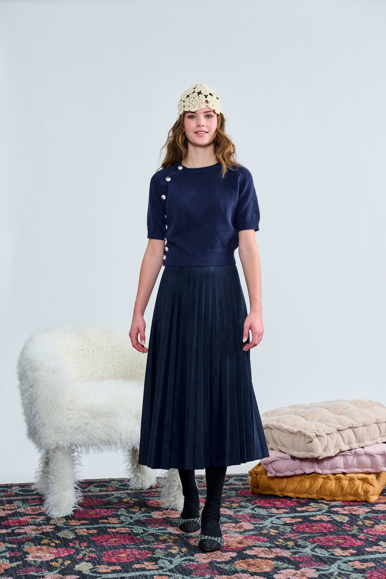 Laurent Blue Velvet Pleated Skirt