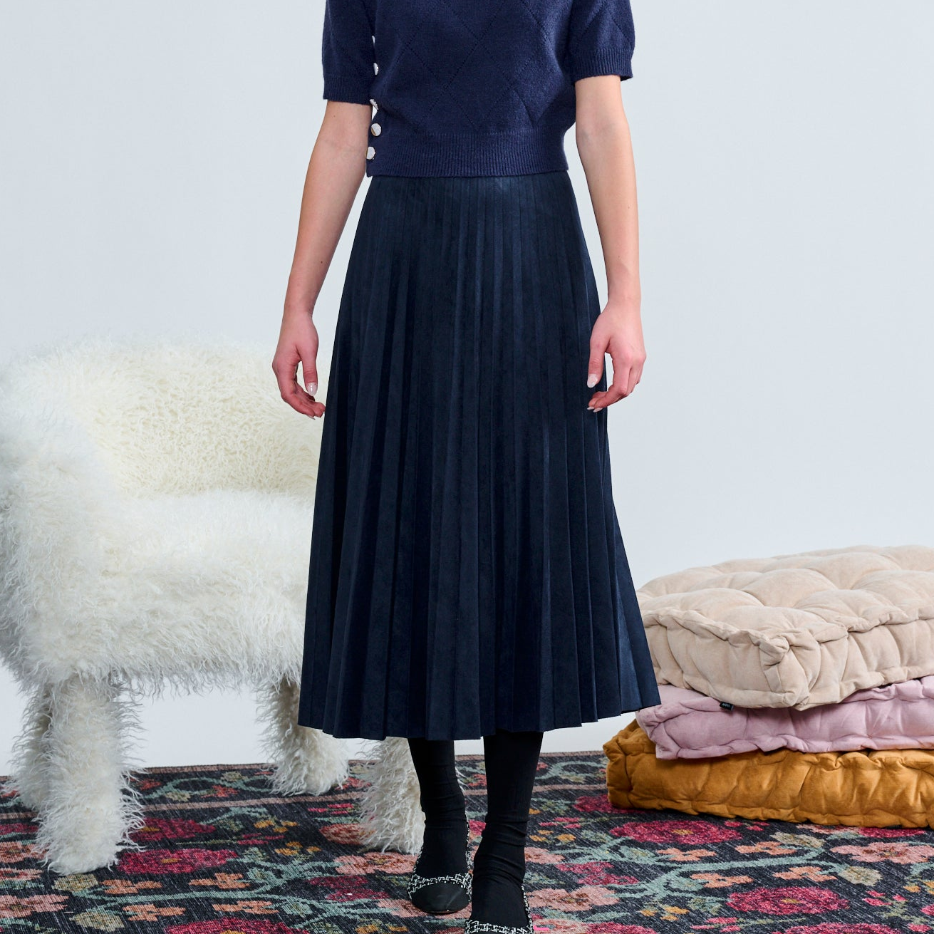 Laurent Blue Velvet Pleated Skirt