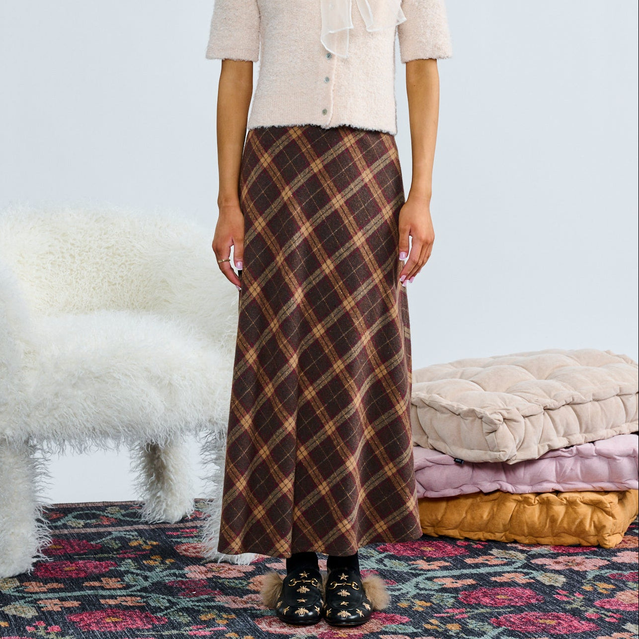 Laurent Vrown Tan Argyle Wool A Line Skirt