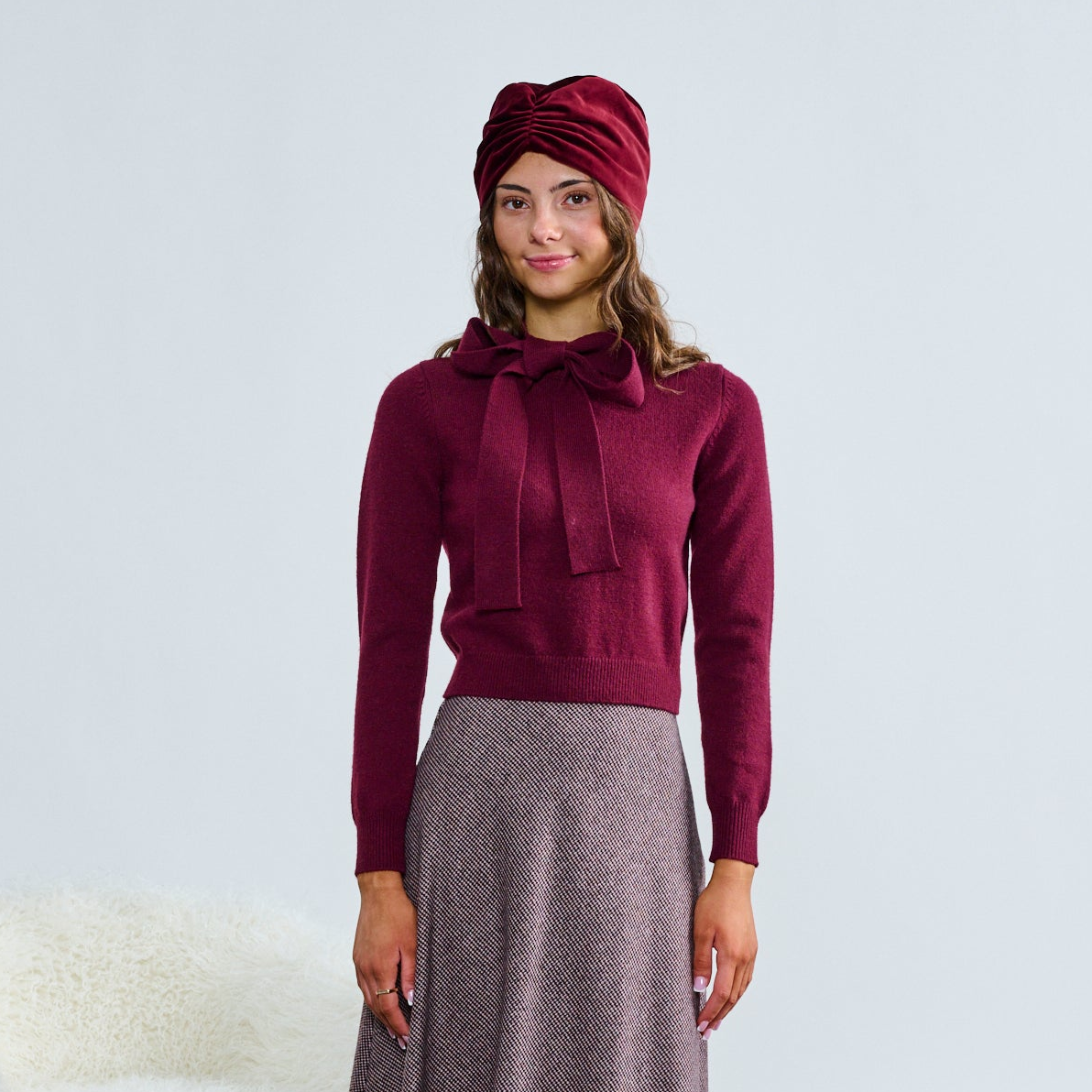 Laurent Wine Knit With Bow Collar Top