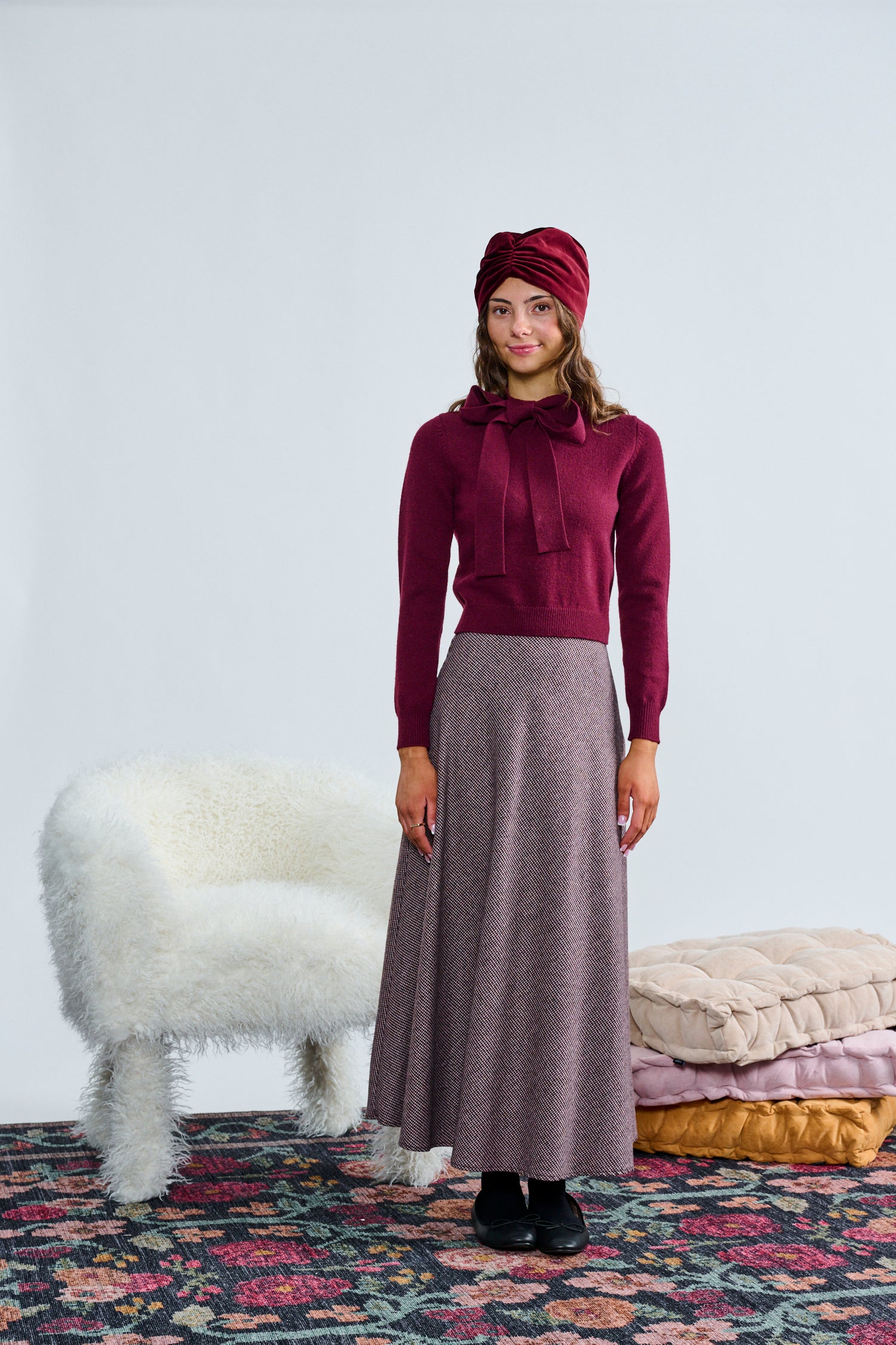 Laurent Maroon Houndstooth A Line Wool Skirt