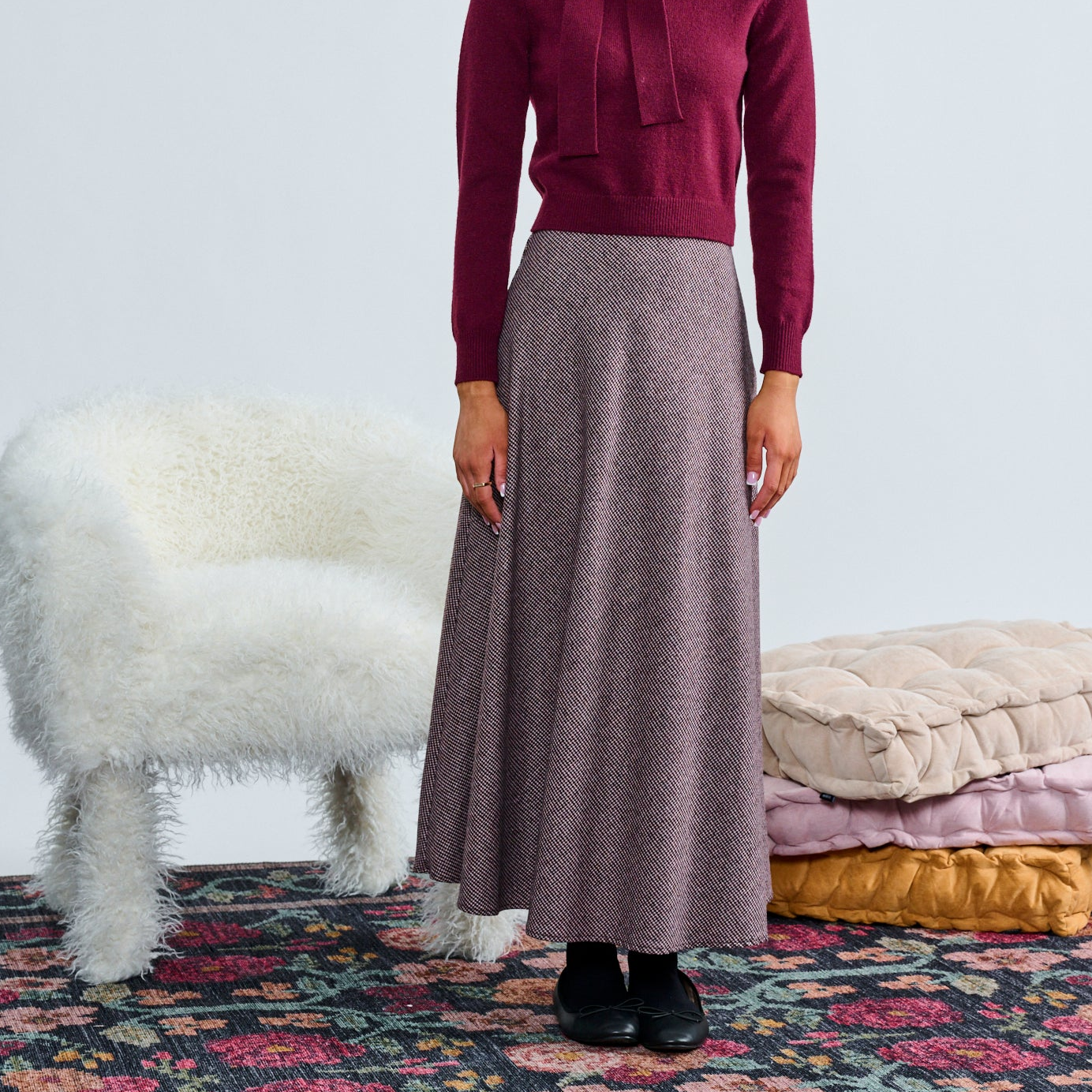 Laurent Maroon Houndstooth A Line Wool Skirt