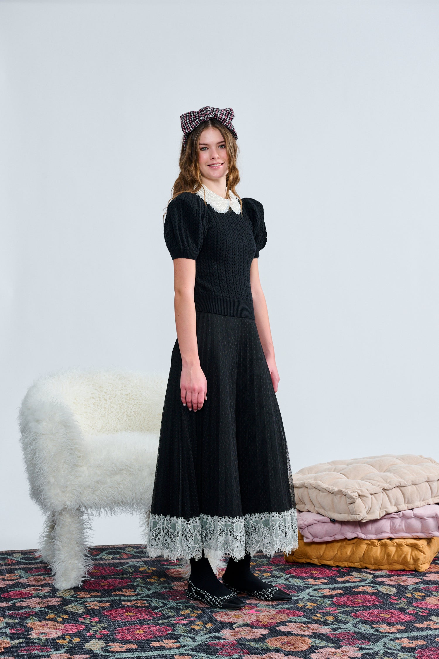 Laurent Peral Beaded Collar Top Lace Skirt Set