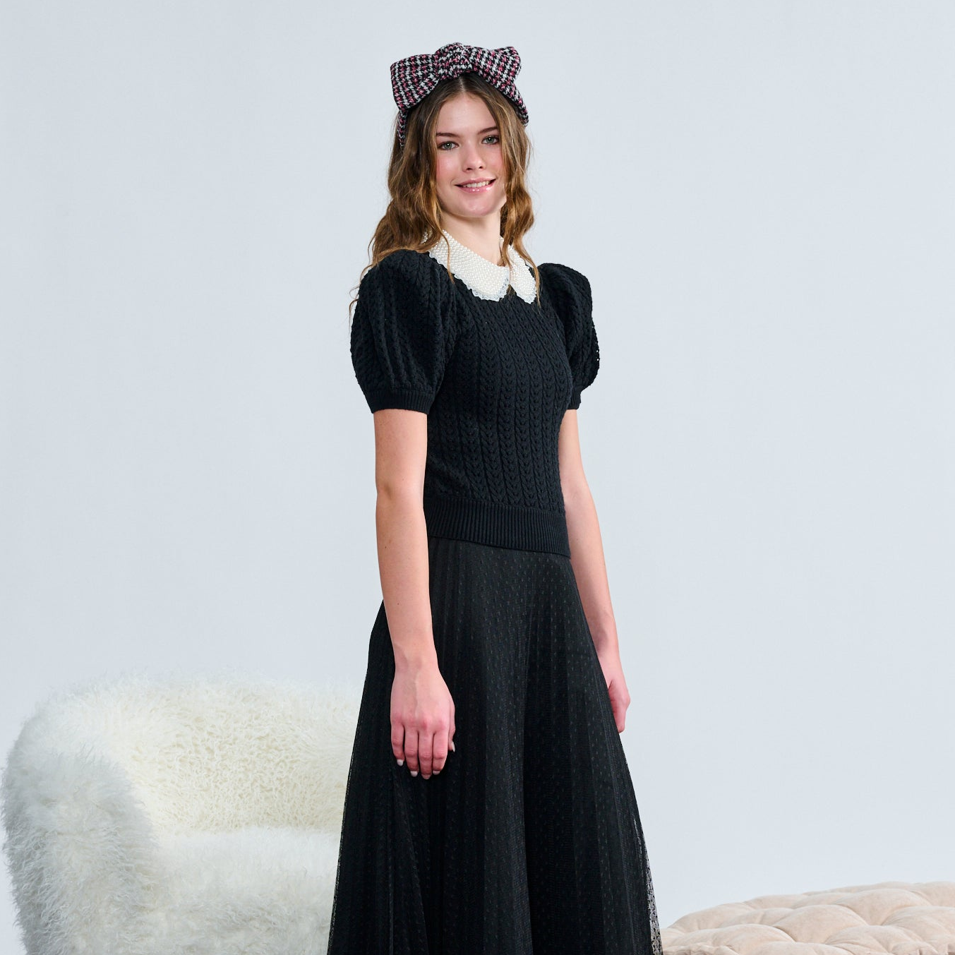 Laurent Peral Beaded Collar Top Lace Skirt Set