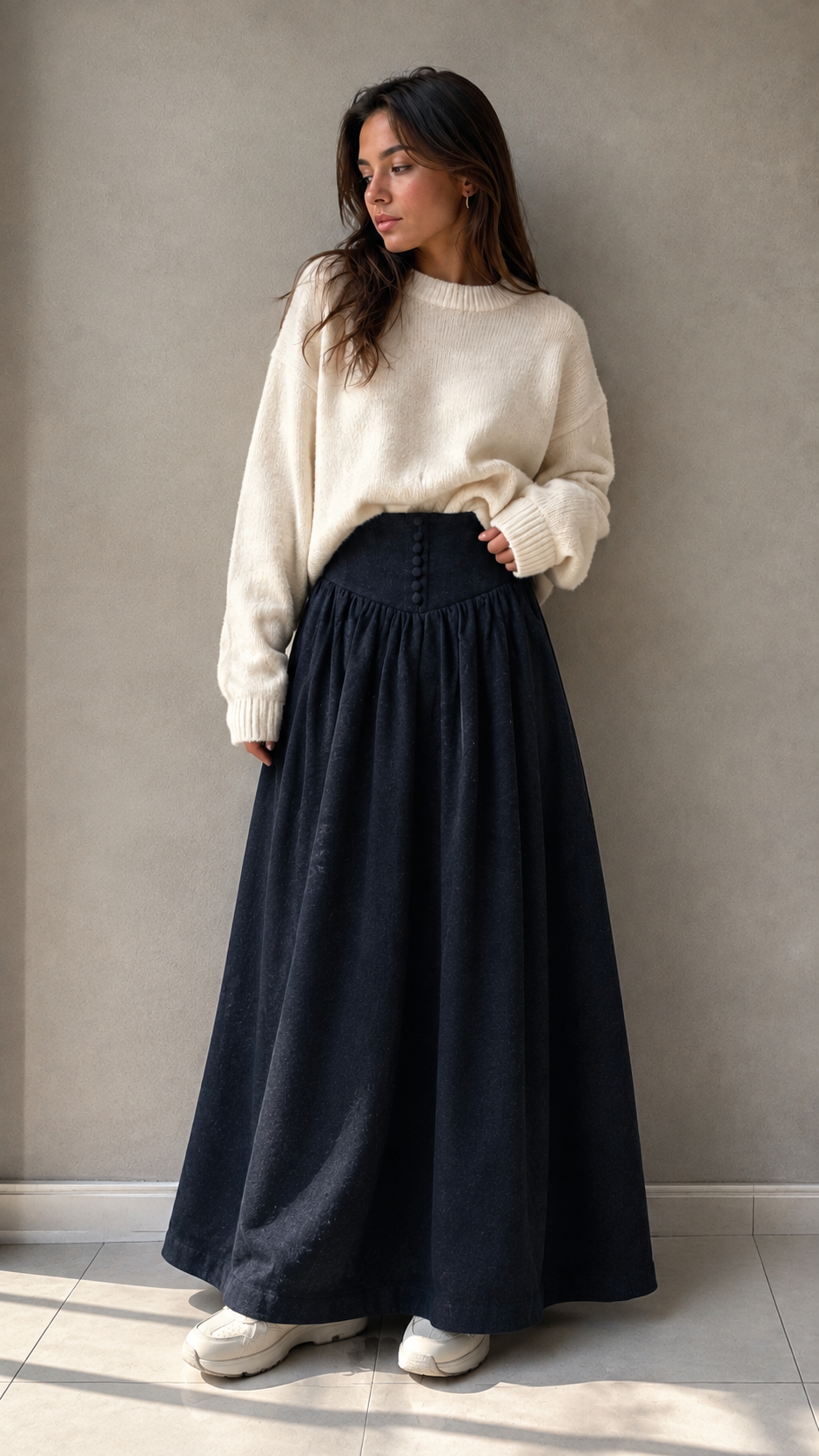 La Nina Navy Wool Button Midi Skirt