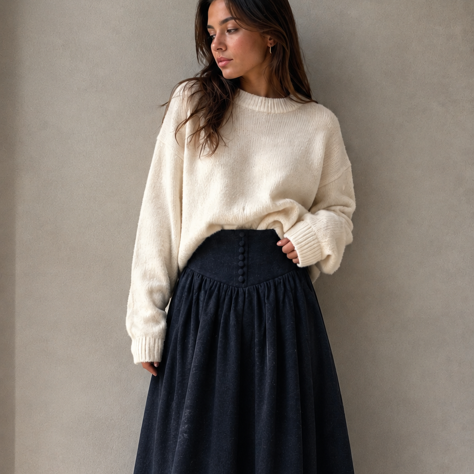 La Nina Navy Wool Button Midi Skirt