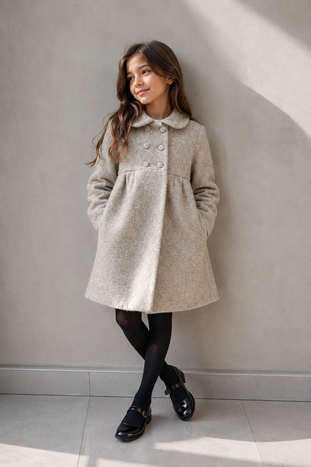La Nina Girls Cream Wool Logo Coat
