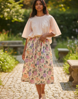Tangerine Wide Sleeve Blouse With Voile Print Skirt