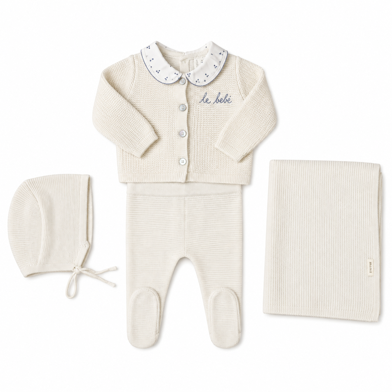 Lilette Cream Blue Embroidered Knit Collar Footie Set
