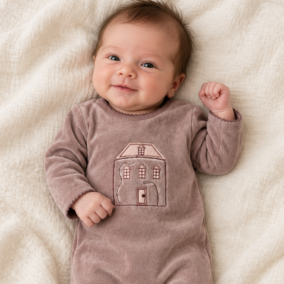 Lilette Mauve Stitched Graphic Velour Footie + Hat