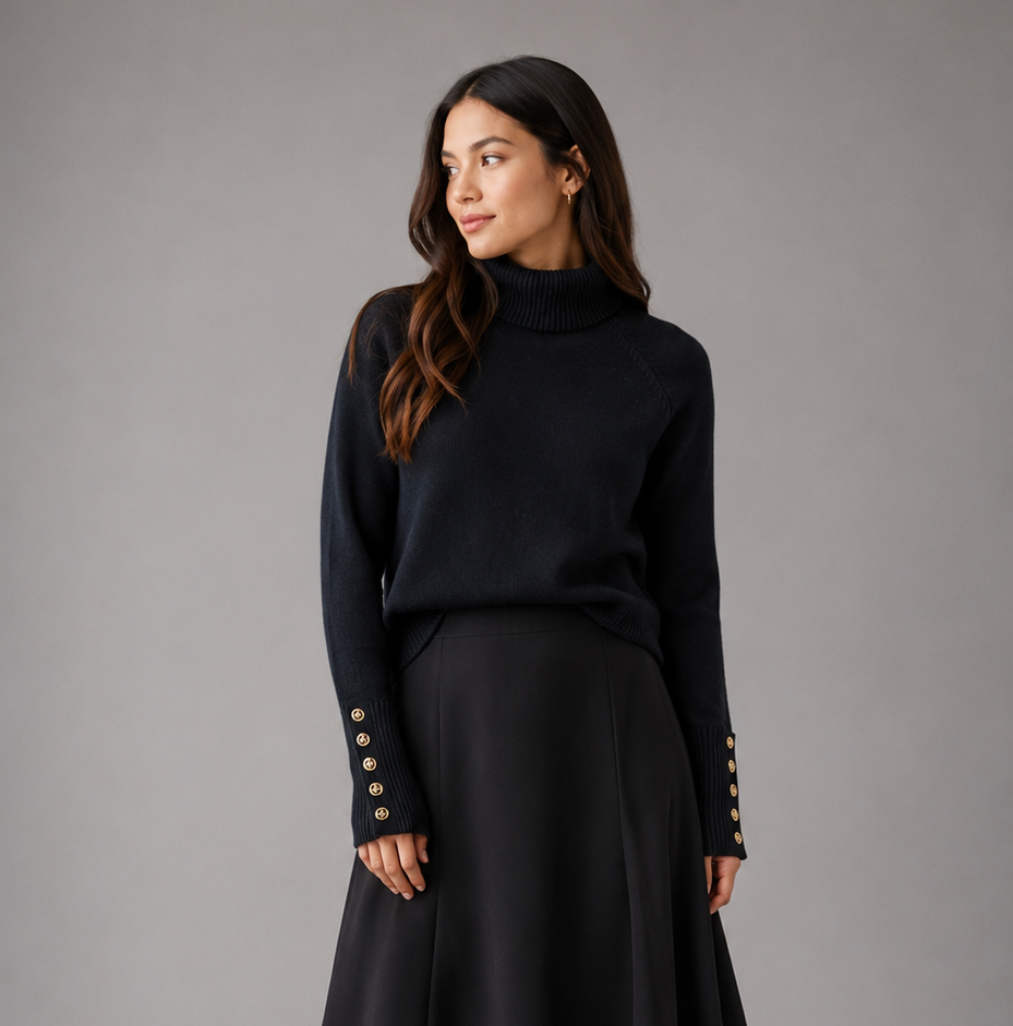 Hev And Bloom Black Turtleneck With Sleeve Buttons