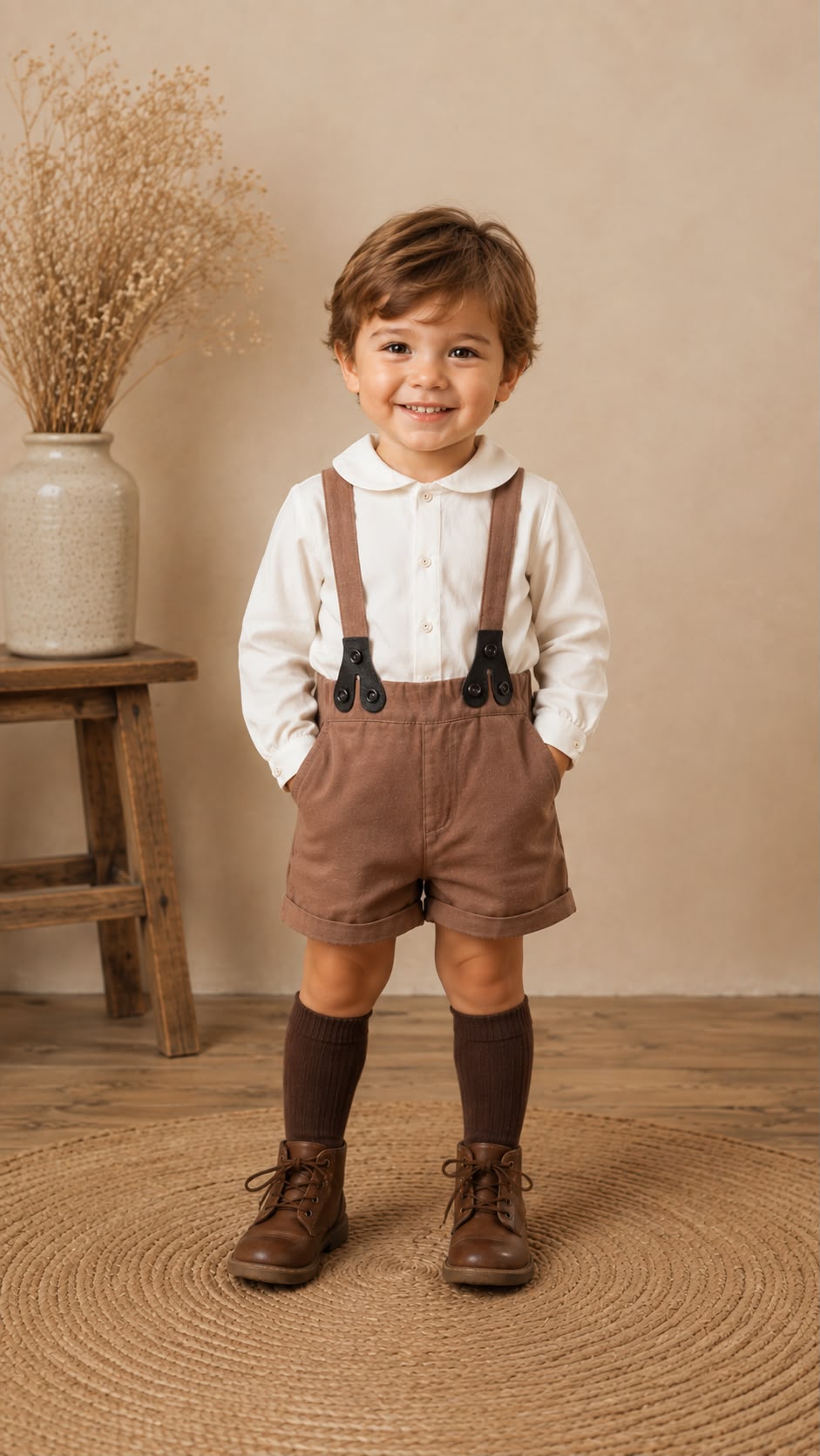 Little Tempest Beige Boys Suspender Short Set