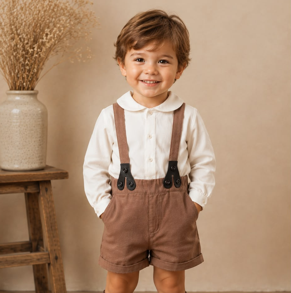 Little Tempest Beige Boys Suspender Short Set