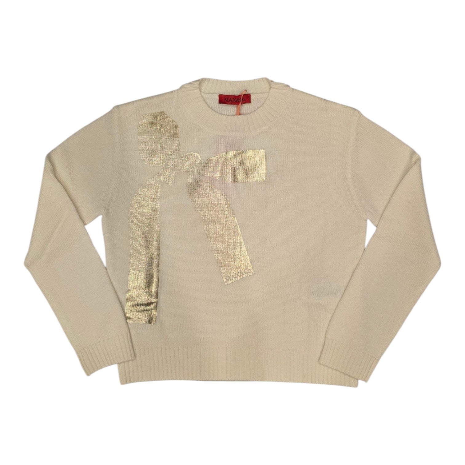 Max And Co Ivory Knit Sweater With Metallic Bow