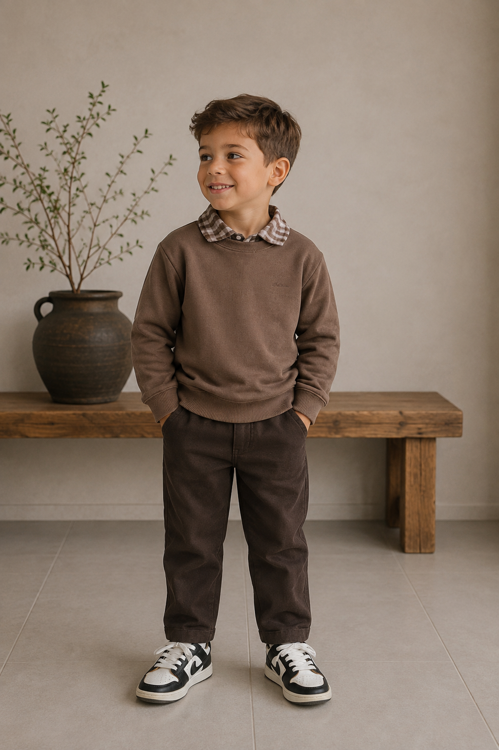 Jaybee Chestnut Slate Checkered Collar Sweatshirt