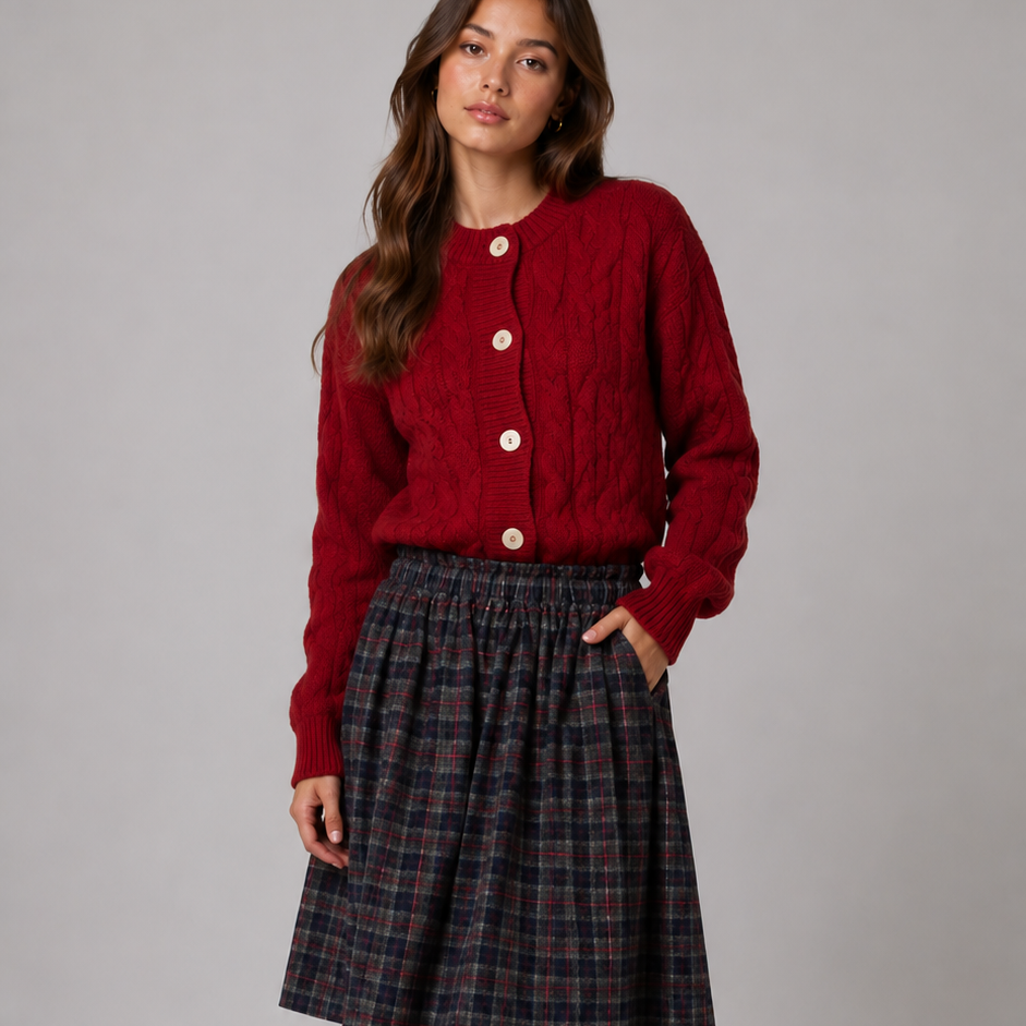 Tangerine Wool Checked Midi Skirt