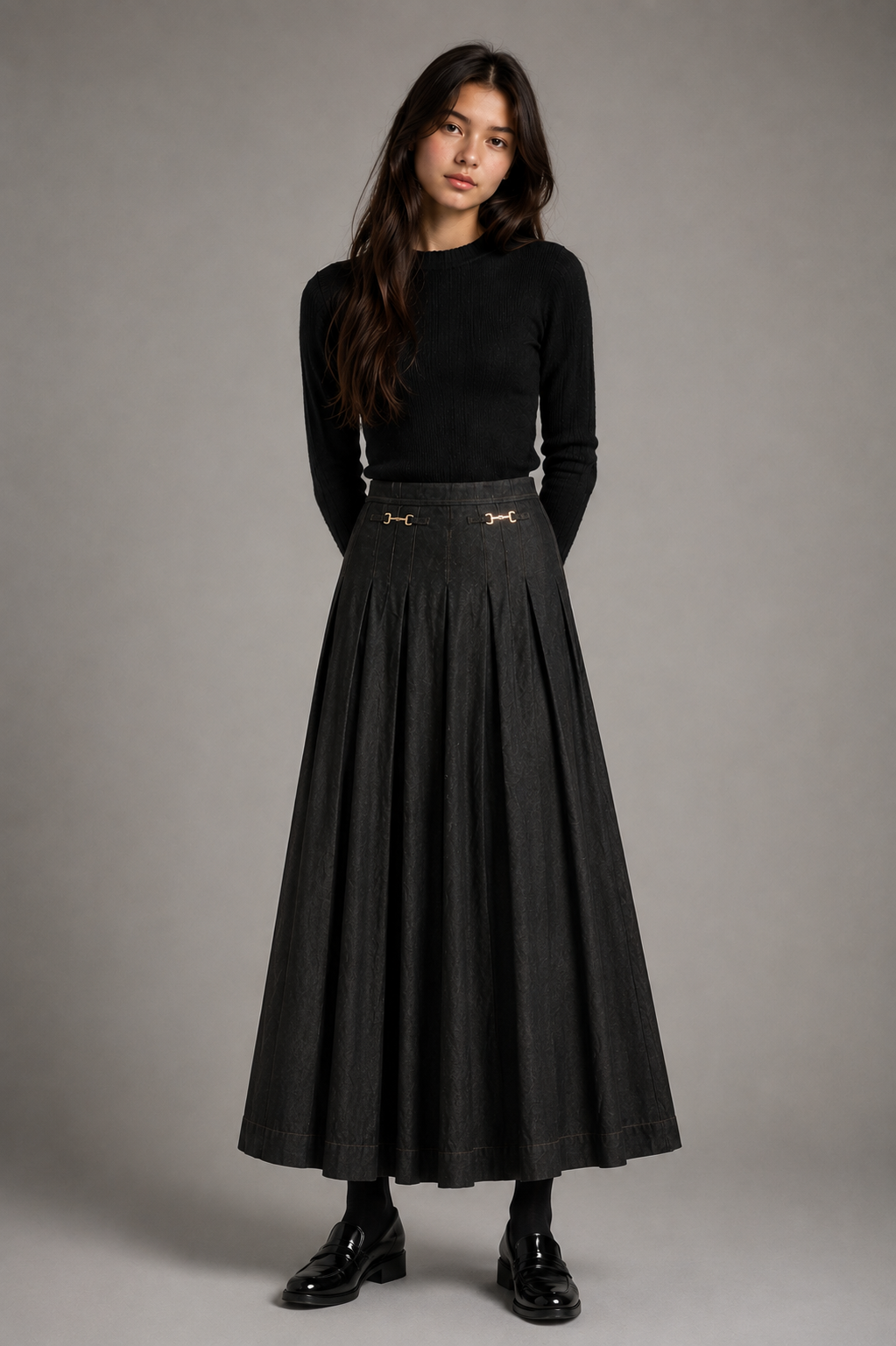 Froo Style Denim Buckle Maxi Skirt