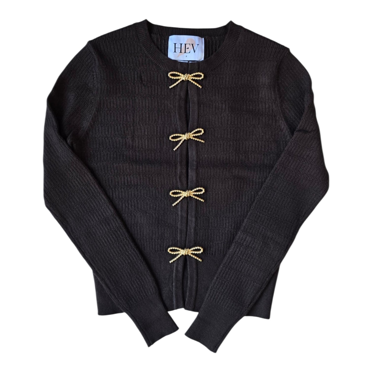 Hev And Bloom Brown Knit Cardigan With Bow Buttons Detail