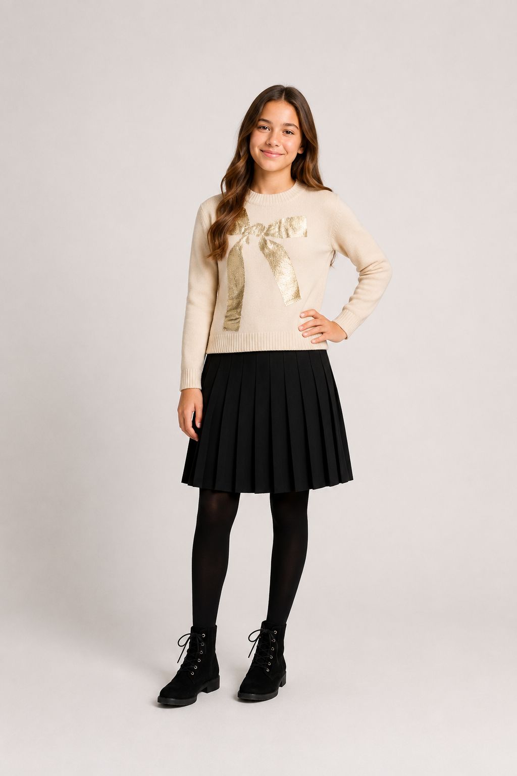 Max And Co Ivory Knit Sweater With Metallic Bow