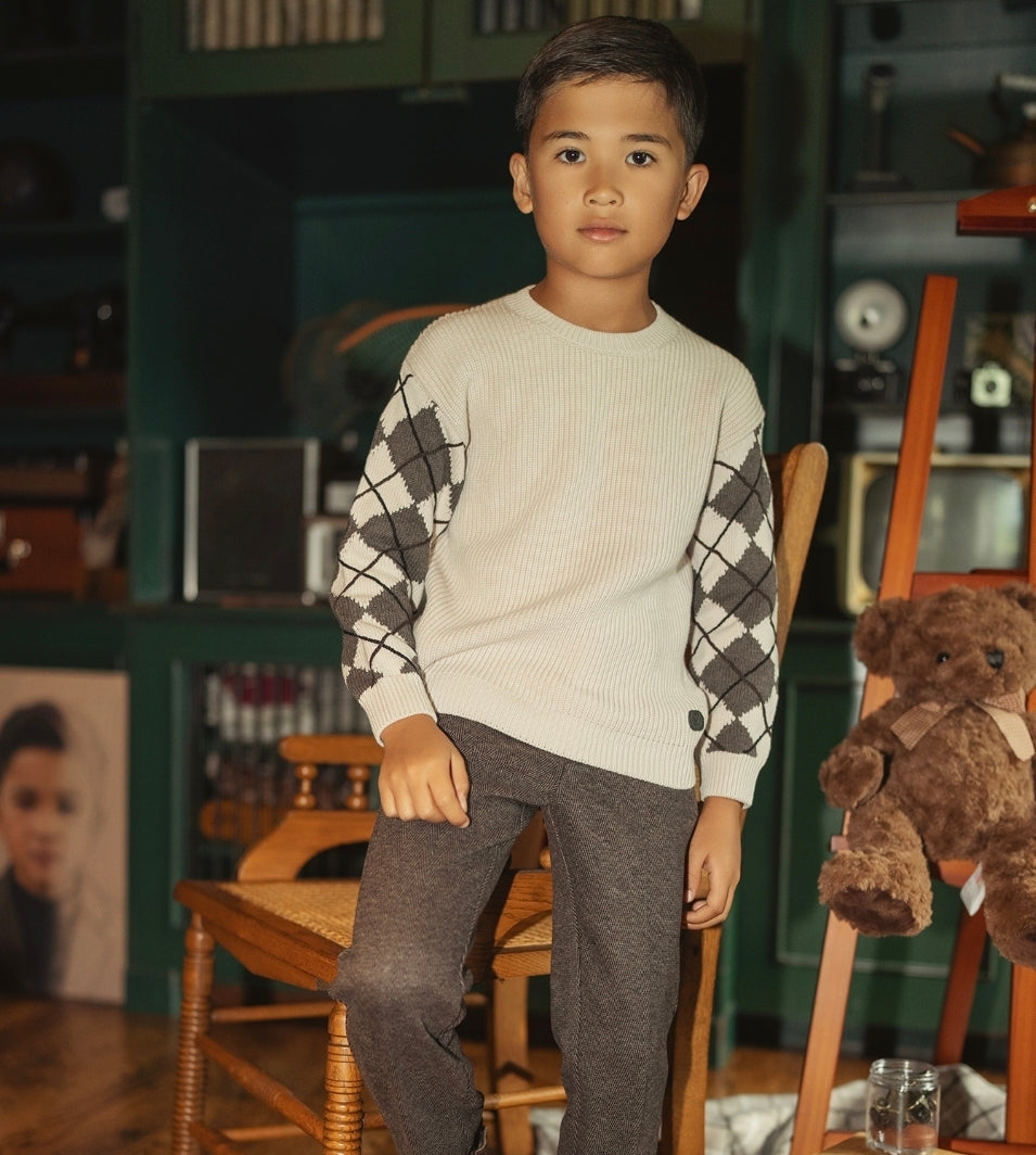 Mann Cream And Brown Argyle Sleeves Sweater